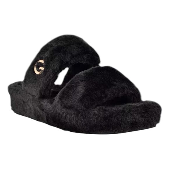 GBG Los Angeles Lennly Casual Furry Slippers Black Faux Fur Slide Slip-On 9 - Picture 1 of 12